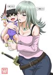  aqua_eyes baby baby_bottle bare_shoulders belt black_hair blush_stickers bottle breasts cleavage denim green_hair highres jeans jewelry large_breasts long_hair looking_at_viewer mother_and_child necktie one_eye_closed open_mouth original pants ring smile sword toy translated weapon wedding_band yano_toshinori yellow_eyes 