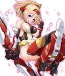  asura_archer bare_shoulders black_gloves blonde_hair blue_eyes bow_(weapon) breasts covered_navel covered_nipples doyouwantto elbow_gloves facial_mark gauntlets gloves hair_ribbon hairband highres holding holding_bow_(weapon) holding_weapon impossible_clothes impossible_leotard knees_up large_breasts legs_together leotard looking_at_viewer mecha_musume megami_device open_mouth ribbon shiny shiny_clothes shiny_hair shiny_skin skin_tight solo teeth weapon white_legwear 
