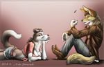  anthro breasts canine clothed clothing duo female footwear fur hair male mammal shoes simple_background sitting smile tsukikitsunetanuki 