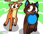  2018 antlers balls blush brown_fur canine cervine digital_media_(artwork) dog duo frisbee fur hair horn male mammal nude pokefound simple_background smile 