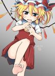  bare_legs blonde_hair commentary_request dated dress fang flandre_scarlet hat hat_ribbon highres leg_up mob_cap open_mouth red_eyes red_ribbon ribbon ryannari short_hair short_sleeves signature solo touhou wings yellow_neckwear 