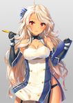  ahoge azur_lane bare_shoulders black_gloves black_panties blonde_hair blush bow breasts brooklyn_(azur_lane) buttons cleavage clipboard collarbone commentary_request dark_skin detached_sleeves dress elbow_gloves eyebrows_visible_through_hair eyelashes fountain_pen garter_straps gloves grey_background hair_bow hair_ornament halter_dress head_tilt holding holding_clipboard holding_pen large_breasts long_hair looking_at_viewer medium_breasts messy_hair open_mouth panties pen pensuke red_eyes shiny shiny_skin short_dress side_slit simple_background skindentation smile solo standing striped striped_bow thighs underboob_cutout underbust underwear very_long_hair wavy_hair wind wind_lift 