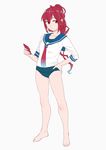  barefoot cellphone full_body hair_ribbon hand_on_hip i-168_(kantai_collection) kantai_collection long_hair long_sleeves necktie ojipon old_school_swimsuit phone ponytail red_eyes red_hair red_neckwear ribbon school_swimsuit school_uniform serafuku simple_background smartphone solo standing swimsuit swimsuit_under_clothes white_background 