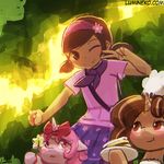  2017 :3 backpack bandanna blush bow brown_eyes brown_hair chef clothed clothing crossover cute equine fan_character female feral flower food fully_clothed group hair hairband hat holding_food holding_object horn human lumineko mammal my_little_pony nintendo one_eye_closed outside pancake pigtails pink_eyes pink_hair plant plate pok&eacute;ball pok&eacute;mon ribbons shirt signature skirt smile sunlight text unicorn v_sign video_games wink 