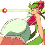  1girl animated animated_gif artist_name ass bare_shoulders blinking blush breasts dark_skin diives erect_nipples female flower from_behind from_below green_eyes green_hair hair_flower hair_ornament headband highres logo long_hair looking_down mao_(pokemon) matching_hair/eyes medium_breasts open_mouth overalls patreon patreon_username pink_flower pink_shirt pokemon pokemon_(game) pokemon_sm shirt simple_background smile solo spanked spanking standing strapless_shirt teeth text tied_hair twintails watermark web_address white_background 