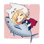  =_= berserker_(granblue_fantasy) blonde_hair blush bonito cape chibi closed_eyes djeeta_(granblue_fantasy) drooling expressive_clothes granblue_fantasy hat hug open_mouth panda_(azarashi_suki) skirt sleeping smile solo 