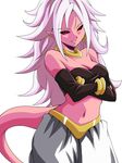  android_21 bare_shoulders black_sclera breasts cleavage crossed_arms detached_sleeves dragon_ball dragon_ball_fighterz earrings harem_pants hoop_earrings jewelry long_hair looking_at_viewer majin_android_21 medium_breasts navel pants pink_skin red_eyes simple_background smile solo tail white_background white_hair yamada_(fanfantaisa) 