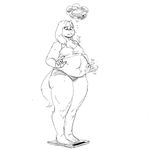  2017 anthro belly belly_rub big_belly boss_monster bra breasts caprine clothing fangs feet female food fur goat grindavikbydaylight horn humanoid_feet mammal monochrome navel overweight overweight_female scale simple_background slightly_chubby solo standing thick_thighs thought_bubble toes toriel undertale underwear video_games voluptuous white_background wide_hips 