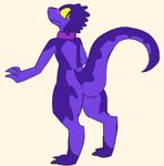  3_toes ambiguous_gender anthro butt_pose collar drake_(kobold) eyes_closed kobold purple_scales rear_view reptile scales scalie shikiso solo striped_tail stripes toes 