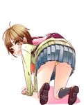  all_fours from_behind green_sweater light_brown_eyes light_brown_hair loafers looking_at_viewer nagisa_honoka original panties pleated_skirt rucksack school_uniform shoes skirt solo sweater underwear uniform yellow_panties 