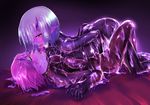  2girls fingering latex latex_suit lying multiple_girls purple_hair red_hair shiny shiny_clothes skin_tight slime succubus tongue_out yellow_eyes yuri 