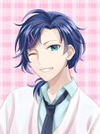  1boy beauty_mark beauty_spot black_hair blue_eyes grin hairclip mizuno_yuu necktie plaid_background ponytail sanrio_danshi wink 