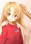  ame. american_flag american_flag_print azur_lane bangs blush brown_eyes cleveland_(azur_lane) commentary eyebrows_visible_through_hair flag_print hair_between_eyes head_tilt holding holding_sweater light_brown_hair long_hair looking_at_viewer one_side_up parted_lips red_sweater smile solo sweater very_long_hair 