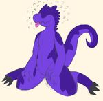  3_toes ambiguous_gender anthro drake_(kobold) eyes_closed kobold purple_scales reptile scales scalie shikiso solo striped_tail stripes toes tongue 