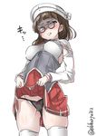  ass_visible_through_thighs blush breasts brown_eyes brown_hair censored cowboy_shot ebifurya glasses groin hat highres kantai_collection lifted_by_self looking_at_viewer medium_breasts pince-nez pleated_skirt pubic_hair pussy red_skirt roma_(kantai_collection) shaded_face short_hair simple_background skirt skirt_lift solo thighhighs twitter_username white_background white_legwear 