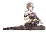  absurdres black_footwear black_legwear breasts cleavage_cutout garter_straps girls_frontline gun high-waist_skirt highres holding holding_weapon kriss_vector large_breasts looking_at_viewer pleated_skirt rlin short_hair short_sleeves sitting skirt solo submachine_gun thighhighs vector_(girls_frontline) weapon white_hair yellow_eyes zettai_ryouiki 