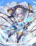  battle_sister_muffin blue_eyes bodysuit boots cardfight!!_vanguard company_name dagger grey_hair hat long_hair official_art pointy_ears solo sparkle sptuel veil weapon 