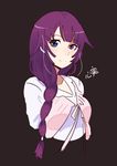  bangs black_background blue_eyes blunt_bangs closed_mouth cropped_torso eyebrows_visible_through_hair kokomi_(aniesuakkaman) long_hair monogatari_(series) purple_hair senjougahara_hitagi simple_background smile solo upper_body 