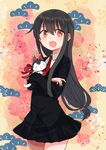  black_hair black_skirt blazer cat eyebrows_visible_through_hair floral_background hatsushimo_(kantai_collection) highres jacket kantai_collection long_hair looking_at_viewer low-tied_long_hair nagiki_kanae necktie open_mouth pleated_skirt red_eyes red_neckwear school_uniform skirt smile solo 