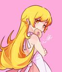  :3 apron bangs bare_shoulders blonde_hair blush crossed_arms eyebrows_visible_through_hair from_behind hair_flaps kokomi_(aniesuakkaman) long_hair looking_at_viewer looking_back monogatari_(series) mouth_hold oshino_shinobu pink_background simple_background solo upper_body yellow_eyes 