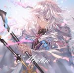  azomo black_shirt blue_eyes blue_sky character_name cherry_blossoms closed_mouth day eyebrows_visible_through_hair fate/grand_order fate_(series) hair_between_eyes highres holding hood hood_down long_hair male_focus merlin_(fate) messy_hair outdoors robe shirt sky smile solo staff 