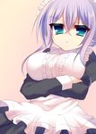  apron blue_eyes breasts cardfight!!_vanguard commentary_request dress frills large_breasts lavender_hair long_hair looking_at_viewer maid maid_apron maid_headdress puffy_sleeves purple_hair romare_kuro solo tokura_misaki waist_apron wrist_cuffs 