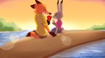  2017 4_fingers anthro berriiazul canine clothed clothing collaboration comic_sans dessert dipstick_ears dipstick_tail disney duo eyes_closed female food fox fur gloves_(marking) green_eyes grey_fur hi_res holding_food holding_object ice_cream ice_cream_cone judy_hopps lagomorph male mammal markings multicolored_tail nick_wilde orange_fur partlypolarized pawpsicle popsicle rabbit signature simple_background sitting smile url water zootopia 