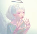  angel angel_wings blue_eyes blue_shirt closed_mouth earrings fingernails halo hands_up jewelry looking_at_viewer original red_pupils shirt short_hair smile solo tunapon01 white_hair wings 