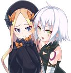  :&gt; :d abigail_williams_(fate/grand_order) arm_belt bandaged_arm bandages bangs bare_shoulders belt belt_buckle black_belt black_bow black_dress black_hat black_shirt blonde_hair blue_eyes blush bow breasts buckle commentary_request dress eyebrows_visible_through_hair facial_scar fate/grand_order fate_(series) green_eyes hair_between_eyes hair_bow hat heart heart-shaped_pupils highres jack_the_ripper_(fate/apocrypha) kirisame_mia long_sleeves looking_at_viewer multiple_girls open_mouth orange_bow parted_bangs polka_dot polka_dot_bow scar scar_across_eye scar_on_cheek shirt shoulder_tattoo silver_hair simple_background sleeveless sleeveless_shirt sleeves_past_fingers sleeves_past_wrists small_breasts smile symbol-shaped_pupils tattoo tsurime white_background 