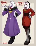  alternate_universe anthro boots boss_monster caprine claws clothed clothing coat dress fangs female footwear fur goat hi_res horn jewelry legwear mammal necklace renrink shoes stockings toriel underboss undertale video_games white_fur 