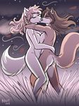  2018 anthro breast_squish breasts breasts_frottage canine cassia_(seff) claws ear_piercing embrace female female/female fox hand_behind_back hand_behind_head hand_on_back heresy_(artist) inner_ear_fluff kissing mammal night outside piercing roselyn_(twokinds) side_boob twokinds webcomic wind 