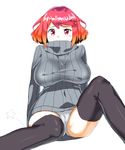  blush breasts gloves homura_(xenoblade_2) looking_at_viewer panties red_eyes red_hair short_hair simple_background solo sturm sweater thighs tiara underwear white_background xenoblade_(series) xenoblade_2 