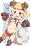  2018 :3 animal_ears blonde_hair blush cosplay eureka_(pokemon) fake_animal_ears fake_tail fang gen_7_pokemon gloves happy_new_year highres midriff navel new_year open_mouth paw_gloves paws pokemon pokemon_(anime) pokemon_xy_(anime) porocha rockruff rockruff_(cosplay) short_shorts shorts smile solo tail thighhighs wavy_mouth 