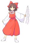 bangs blush bow bright_pupils brown_hair closed_mouth commentary detached_sleeves eyebrows_visible_through_hair fingernails full_body gohei hair_bow hair_tubes hakurei_reimu highres holding legs_apart long_sleeves neck_ribbon red_bow red_eyes red_ribbon red_skirt red_vest ribbon sasa_kichi short_hair simple_background skirt smile socks solo the_embodiment_of_scarlet_devil touhou vest white_background white_legwear wide_sleeves wing_collar 