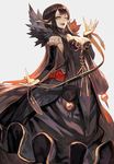  :d bangs black_dress breasts brown_hair commentary_request detached_collar detached_sleeves dress fang fate/apocrypha fate/grand_order fate_(series) fur_trim grey_background hand_up highres lack large_breasts long_hair long_sleeves looking_at_viewer open_mouth orange_eyes pointy_ears semiramis_(fate) simple_background smile spikes standing very_long_hair 
