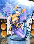  blue_eyes blue_hair bow bubble cardfight!!_vanguard chouchou_marl company_name earrings hairband jewelry long_hair mermaid microphone microphone_stand monster_girl necktie official_art one_eye_closed pointy_ears solo sptuel underwater 