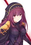  andrew_(fanlp3) armor bodysuit breasts commentary_request fate/grand_order fate_(series) gae_bolg hair_intakes highres holding holding_weapon long_hair medium_breasts pauldrons polearm purple_bodysuit purple_hair red_eyes scathach_(fate)_(all) scathach_(fate/grand_order) shoulder_armor spear veil weapon 