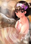  absurdres black_hair blush breasts commentary_request covering fate/grand_order fate_(series) highres large_breasts long_hair looking_at_viewer naked_towel nervous_smile nude_cover onsen open_mouth osakabe-hime_(fate/grand_order) partially_submerged purple_eyes ripples solo towel tsumejirou wet 