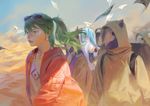 bare_shoulders blue_hair blue_sky bra_strap closed_mouth commentary_request desert dual_persona eyewear_on_head facing_away green_eyes green_hair hatsune_miku highres jacket lips long_sleeves multiple_girls orange_jacket outdoors sand shirt sky sleeveless sleeveless_shirt standing suna_no_wakusei_(vocaloid) sunglasses tunapon01 twintails vocaloid walking white_shirt wing_collar 