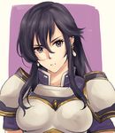  aira_(fire_emblem) black_hair blue_eyes breastplate breasts earrings expressionless fire_emblem fire_emblem:_seisen_no_keifu fire_emblem_heroes gloves jewelry large_breasts long_hair purple_eyes sidelocks solo sou_mei weapon 