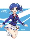  :d aikatsu! aikatsu!_(series) bangs blue_eyes blue_hair blue_jacket blue_scrunchie blush boots commentary_request dated eyebrows_visible_through_hair hair_ornament hair_scrunchie happy_birthday highres jacket kiriya_aoi knee_boots long_sleeves nuno_(pppompon) open_mouth outstretched_arms pleated_skirt school_uniform scrunchie shirt side_ponytail sidelocks skirt smile solo starlight_academy_uniform white_footwear white_shirt white_skirt 