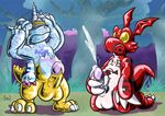  2016 3_fingers 3_toes anthro balls claws cum cumshot digimon digital_drawing_(artwork) digital_media_(artwork) dragon drone duo ejaculation gabumon gas_mask guilmon horn kneeling male mammal mask masturbation nude orgasm outside penis reptile rubber scalie shiny simple_background solo soul-silver-dragon standing text toe_claws toes transformation tree visor yellow_eyes 