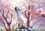  :o black_legwear blue_jacket brown_eyes brown_hair cherry_blossoms day hands_up highres jacket long_sleeves original outdoors shoes skirt slide socks solo standing tree tunapon01 white_footwear white_skirt 