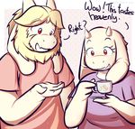  abstract_background albino anthro asgore_dreemurr azenzeph beard boss_monster caprine cup dialogue duo english_text facial_hair fangs female flower fur goat hi_res holding_cup horn long_ears male mammal plant red_eyes simple_background text toriel undertale video_games white_fur 