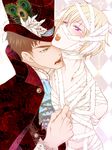  2boys alternate_costume bandage blonde_hair blue_eyes blush brown_hair halloween halloween_costume minamoto_seiichirou multiple_boys mummy nishimiya_ryou open_mouth purple_eyes sanrio_danshi top_hat vampire yaoi 