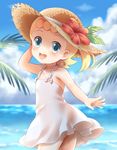  1girl :d asymmetrical_hair bare_arms bare_shoulders beach blonde_hair blue_eyes blue_sky blush bow child cloud cowboy_shot day dress eureka_(pokemon) female flat_chest hat highres looking_at_viewer looking_back no_nose outdoors panties pantyshot pokemon pokemon_(anime) pokemon_xy_(anime) porocha sky sleeveless_dress smile solo straw_hat sun_dress sun_hat teeth underwear water white_dress white_panties wind_lift 