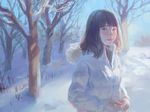  bangs bare_tree blue_sky brown_eyes brown_hair coat commentary_request day forest fur_trim highres hood hood_down hooded_coat long_sleeves looking_at_viewer medium_hair nature original outdoors parted_lips sky snow solo standing tree tunapon01 winter_clothes winter_coat 