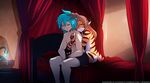  2018 anthro bed bedroom blue_hair boxers_(clothing) brown_hair casual_nudity clothed clothing comforting cute duo eyes_closed feline female flora_(twokinds) fur hair hi_res hug human inside keidran kneeling male mammal multicolored_fur nude on_bed orange_fur partially_clothed romantic_couple sitting smile striped_fur stripes sweat tiger tom_fischbach topless trace_legacy twokinds underwear webcomic white_fur 
