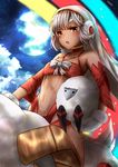  :o altera_(fate) altera_the_santa animal artist_name bad_id bad_pixiv_id bandeau bangs bare_shoulders blush bow breasts brown_hair carrying_under_arm choker cloud commentary_request dark_skin detached_sleeves earmuffs fate/grand_order fate_(series) fur-trimmed_mittens fur_trim long_sleeves looking_at_viewer mittens navel night night_sky open_mouth red_bandeau red_choker red_eyes revealing_clothes riding saruei sheep short_hair sky small_breasts solo star_(sky) starry_sky stuffed_animal stuffed_sheep stuffed_toy veil white_bow white_mittens 
