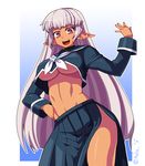  arcana_heart arcana_heart_2 bangs black_serafuku black_shirt black_skirt breasts bright_pupils cosplay crop_top dark_elf dark_skin elf eyebrows eyelashes groin heart heart-shaped_pupils hida_naria long_hair long_skirt long_sleeves medium_breasts midriff navel neckerchief no_bra outline parace_l'sia pleated_skirt pointy_ears sailor_collar school_uniform serafuku shirt side_slit skirt sleeve_cuffs solo stomach straight_hair symbol-shaped_pupils tokinomiya_kamui tokinomiya_kamui_(cosplay) twitter_username very_long_hair white_neckwear white_outline white_pupils 